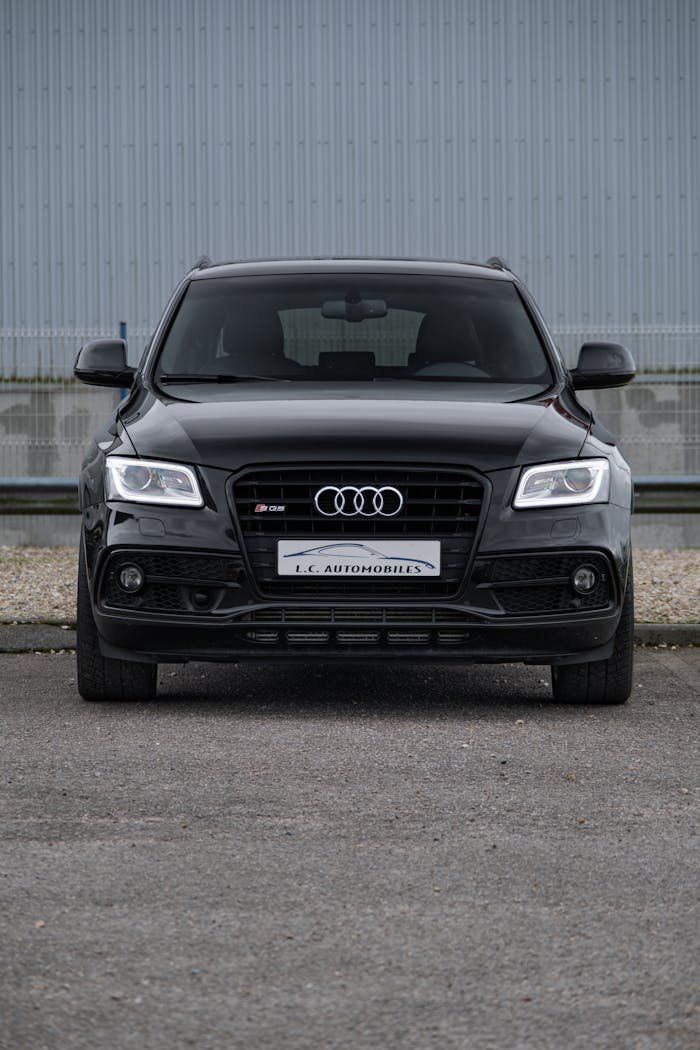 Front-view of a black Audi SQ5 SUV parked in Totes, Normandy, France.